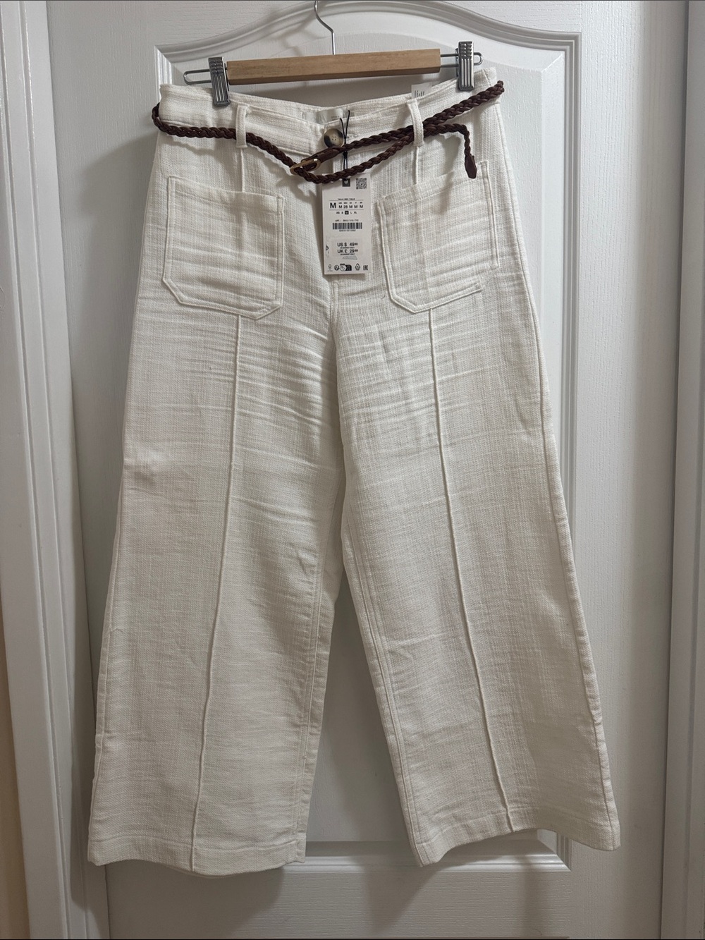 Zara Cream Wide-Leg Front-Seam Chinos with Braided Belt